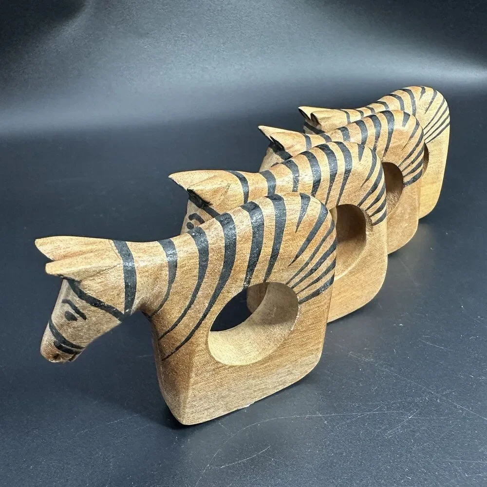 Vintage Wood Zebra Napkin Rings Set 4 Hand Carved Philippine Safari Table Decor
